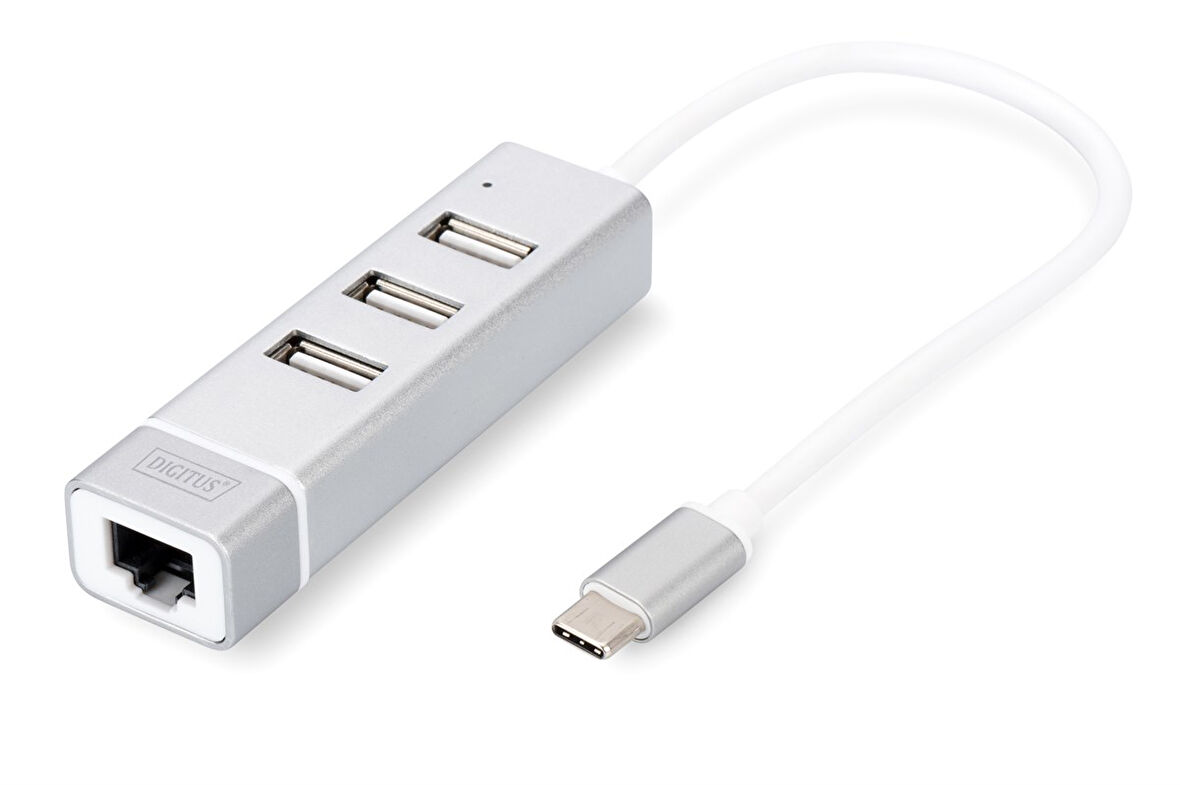 Digitus 3 port USB Tip C Hub &amp; Fast Ethernet LAN Adaptörü, 3 x USB A/Diş (USB 2.0), 1 x RJ45 Dişi (10/100), 1 x USB Tip C (bilgisayar bağlantısı), alüminyum
Digitus USB Type-C™ 3-Port Hub + Fast Ethernet LAN Adapter