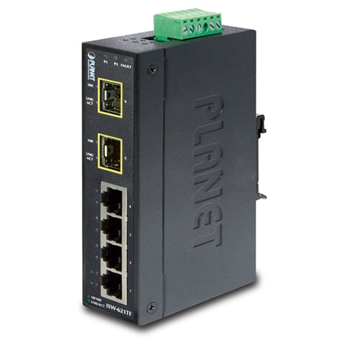 Endüstriyel Tip Yönetilemeyen Ethernet Switch (Industrial Unmanaged Ethernet Switch)
4-Port 10/100Base-TX
2-Port 100Base-FX SFP yuva
IP30, -40~75 Derece C