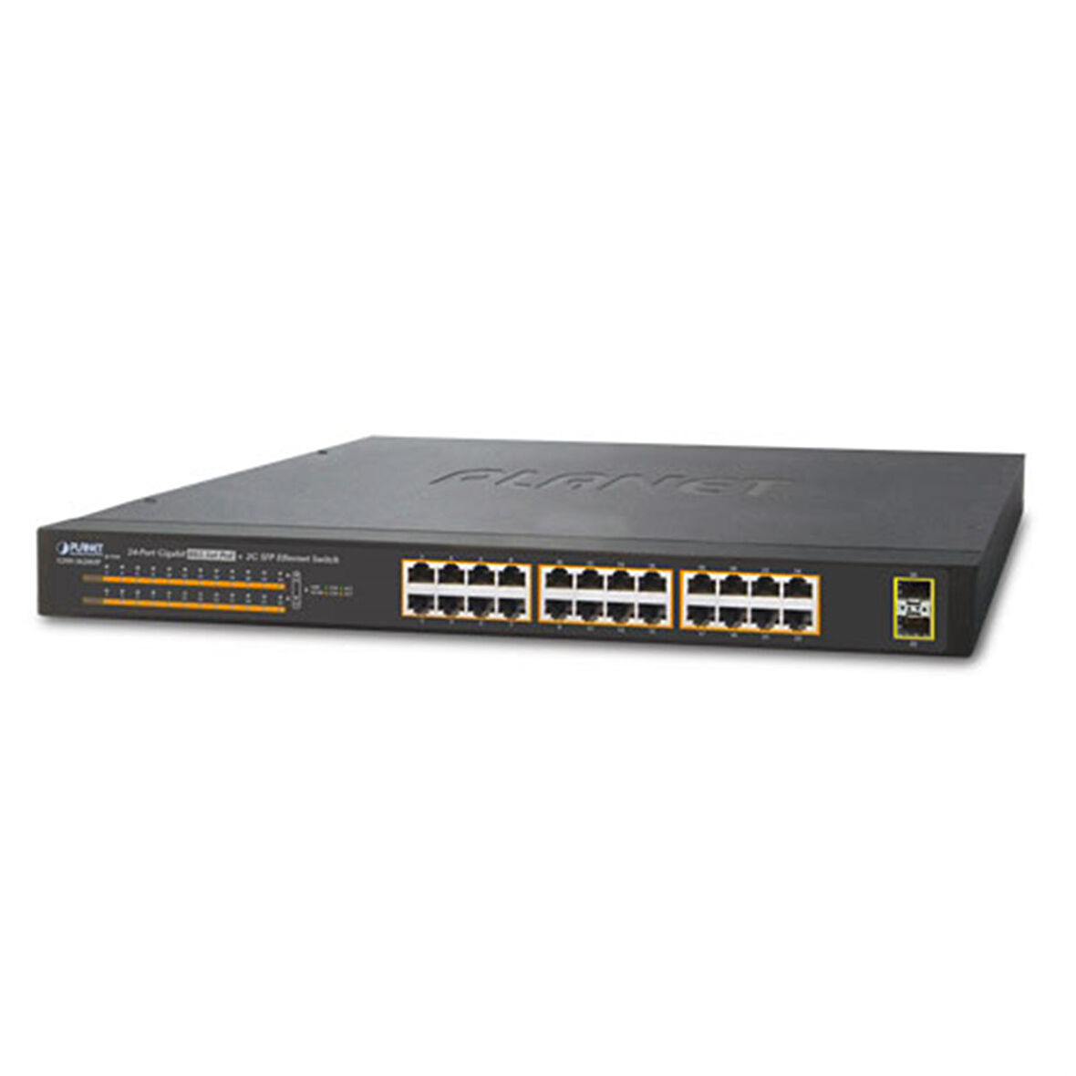 Yönetilemeyen Switch (Unmanaged Switch) 
24-Port 10/100/1000T 802.3at/af PoE+ Injector (Port başına 30.8 watt) (PoE Güç Bütçesi maks. 220 watt)
2 x 1000Base-X mini-GBIC/SFP yuva