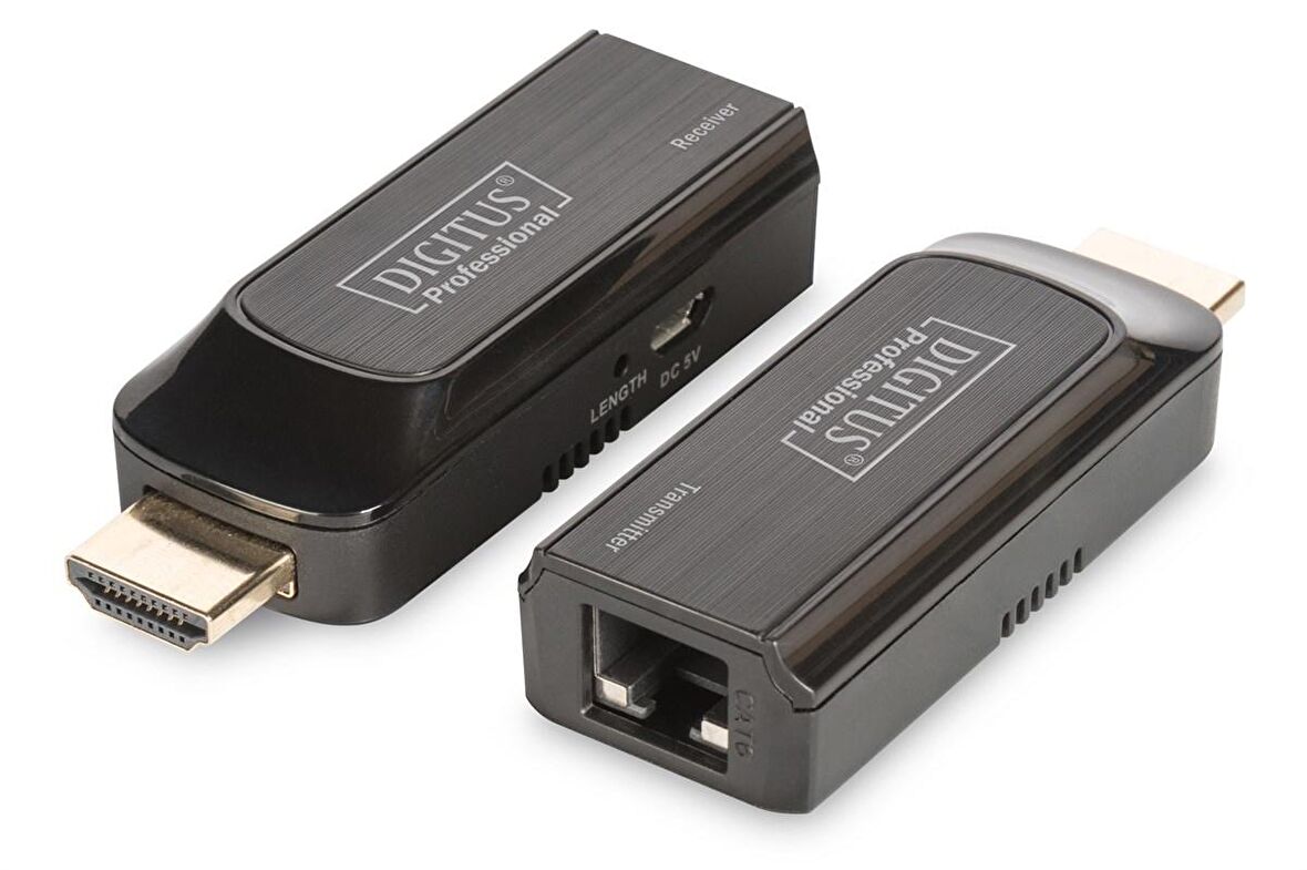 Digitus Mini HDMI Sinyal Uzatma Cihazı,  Alıcı (Receiver) ve Verici (Transmitter) Birim dahil, 50 metre, güç beslemesi için USB kablo kullanır
