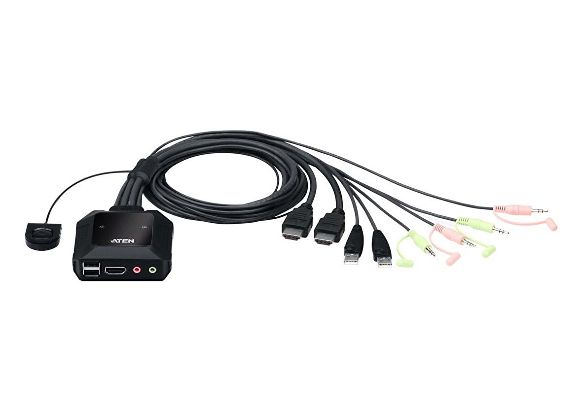 2 Port USB 4K KVM (Keyboard/Video Monitor/Mouse) Switch, Masaüstü Tip, KVM bağlantı kablosu ürüne gömülüdür, Remote Port Selector ile birlikte
2-Port USB 4K HDMI Cable KVM Switch with Remote Port Selector