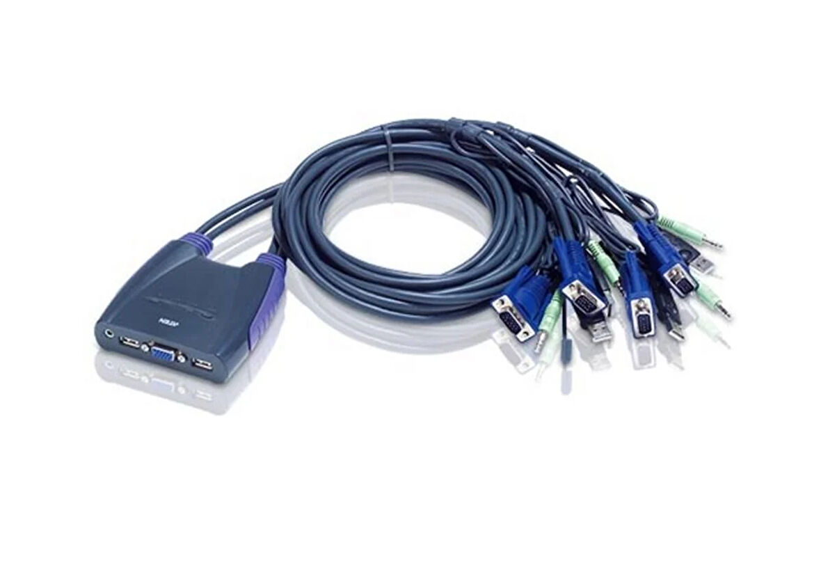 4 portlu USB VGA KVM (Keyboard/Video Monitor/Mouse) Switch, Hoparlör bağlantısı mevcut, Masaüstü Tip, KVM bağlantı kablosu ürün beraberinde gelmektedir (1.8m)
4-Port USB VGA/Audio Cable KVM Switch (1.8m)
