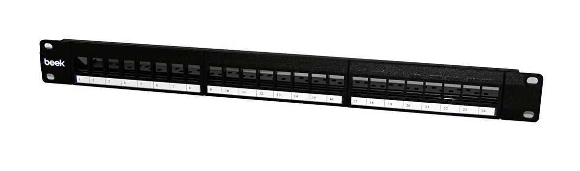 Beek 24 Port Modüler Boş Patch Panel, Zırhlı/Ekranlı (Shielded), Arkadan Kablo Düzenleyicisi ile birlikte, 1U Yüksekliğinde, Siyah Renk, Metal