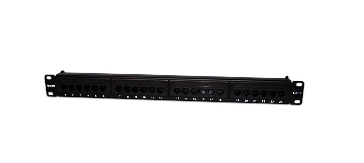 Beek 24 Port Cat6 UTP Patch Panel, 8P8C, Altın Kontak, LSA, 1U, zırhsız/unshielded
Beek 24 Port Cat6 UTP Patch Panel, 8P8C, Gold contact,LSA, 1U, unshielded, w.cable holder