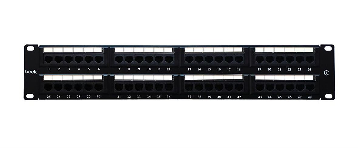 Beek 48 Port Cat6 UTP Patch Panel, 8P8C, Altın Kontak, LSA, 2U, zırhsız/unshielded, kablo tutuculu
Beek 48 Port Cat6 UTP Patch Panel, 8P8C, Gold contact,LSA, 2U, unshielded, with cable holder