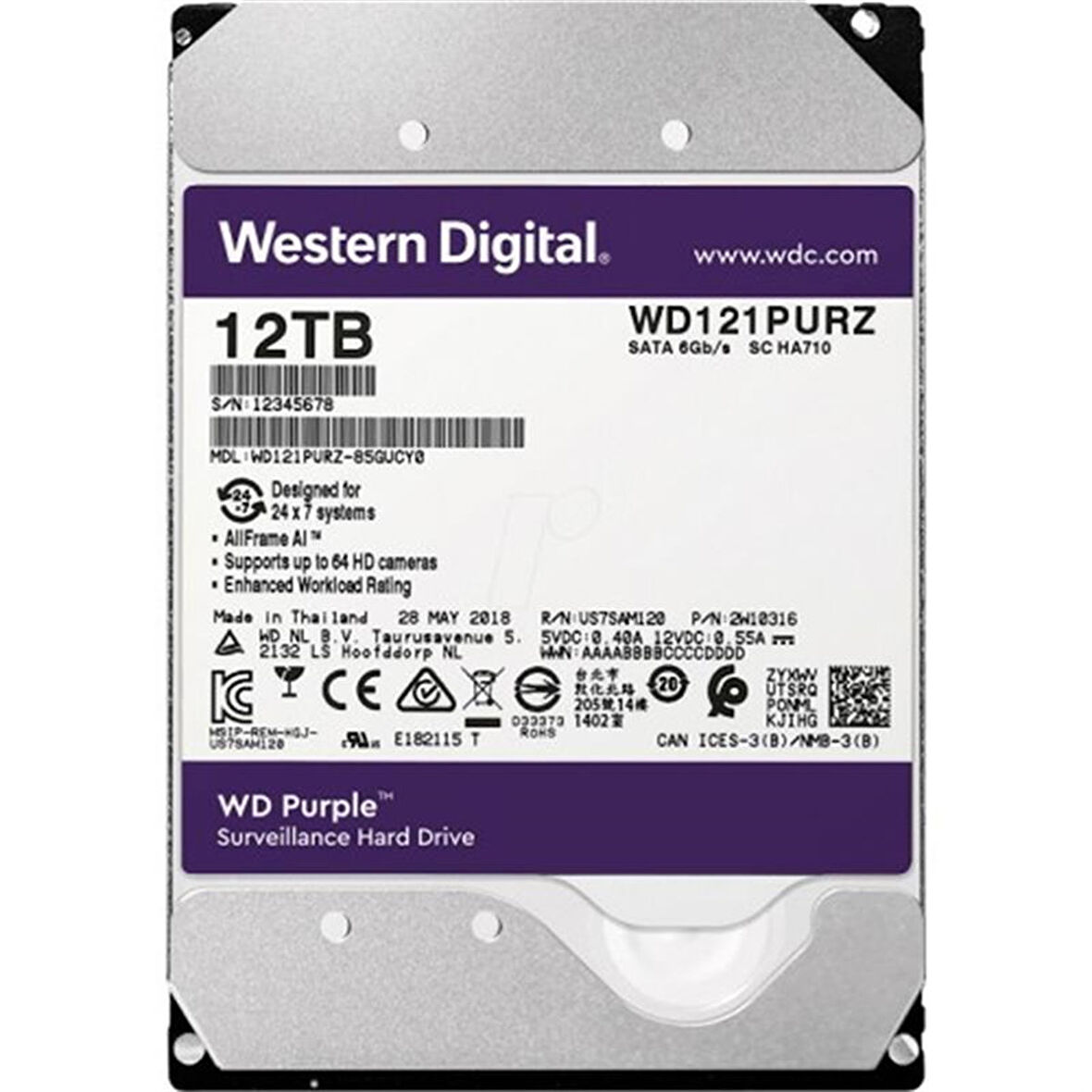 12 TB WD 3.5 PURPLE SATA3 72000RPM 256MB 7/24 GUVENLIK WD121PURP (3 YIL RESMI DIST GARANTI)