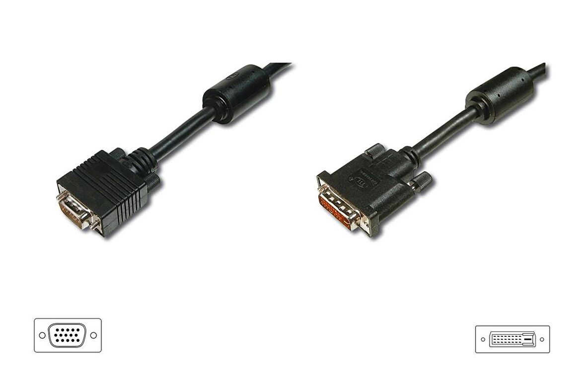 DVI - VGA Bağlantı Kablosu, DVI-I (24+5) Erkek  VGA (HD15) Erkek, DVI-I dual link, 2 metre, UL, siyah renk 