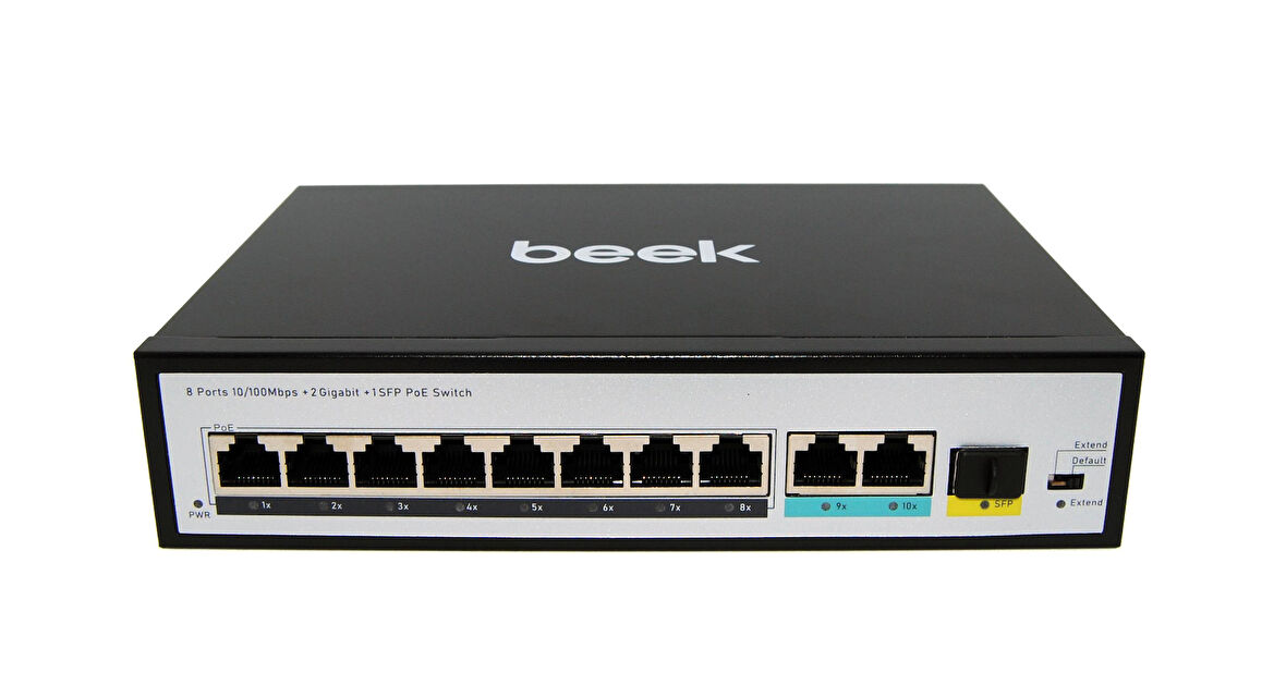 Beek Yönetilemeyen PoE+ Switch
8 x 10/100BASE-T IEEE802.3af/at PoE+ port (Port başına 30.8 watt) (PoE Güç Bütçesi maks. 120 Watt)
2 x 10/100/1000BASE-T port (combo)
1 x 1000 Base-X SFP yuva (combo)
4KV ESD