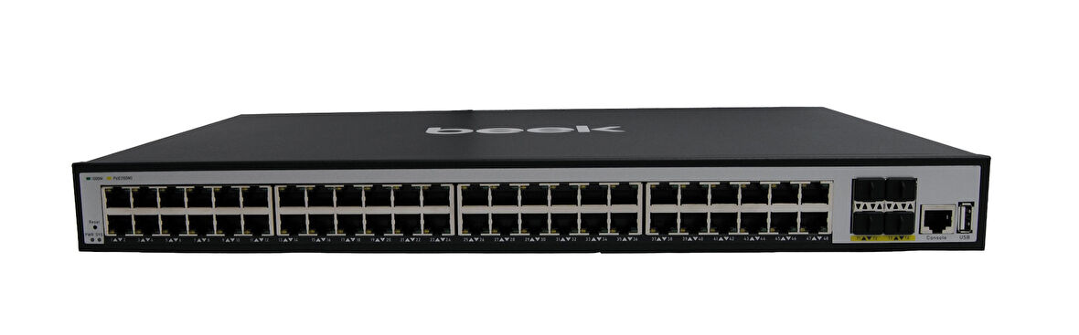 Beek L3 Yönetilebilir PoE+ Switch
48 x 10/100/1000Mbps IEEE802.3af/at PoE+ port (Port başına 30.8 watt) (PoE Güç Bütçesi maks. 500 Watt)
4 x 1/10G Base-X SFP+ yuva
1 x Konsol port
1 x USB port
6KV surge ko