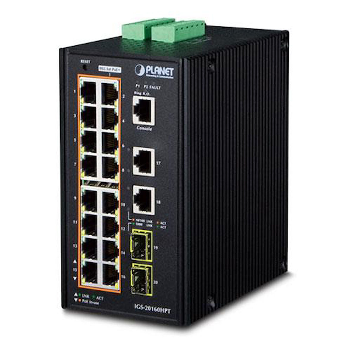 Endüstriyel Tip Yönetilebilir Ethernet Switch (Industrial Managed Ethernet Switch)
16-Port 10/100/1000Base-TX IEEE 802.3at/af PoE+ Injector (Port başına 30.8 watt) (PoE Güç Bütçesi maks. 320 watt)
2-Port 10/100/1000Base-TX RJ-45