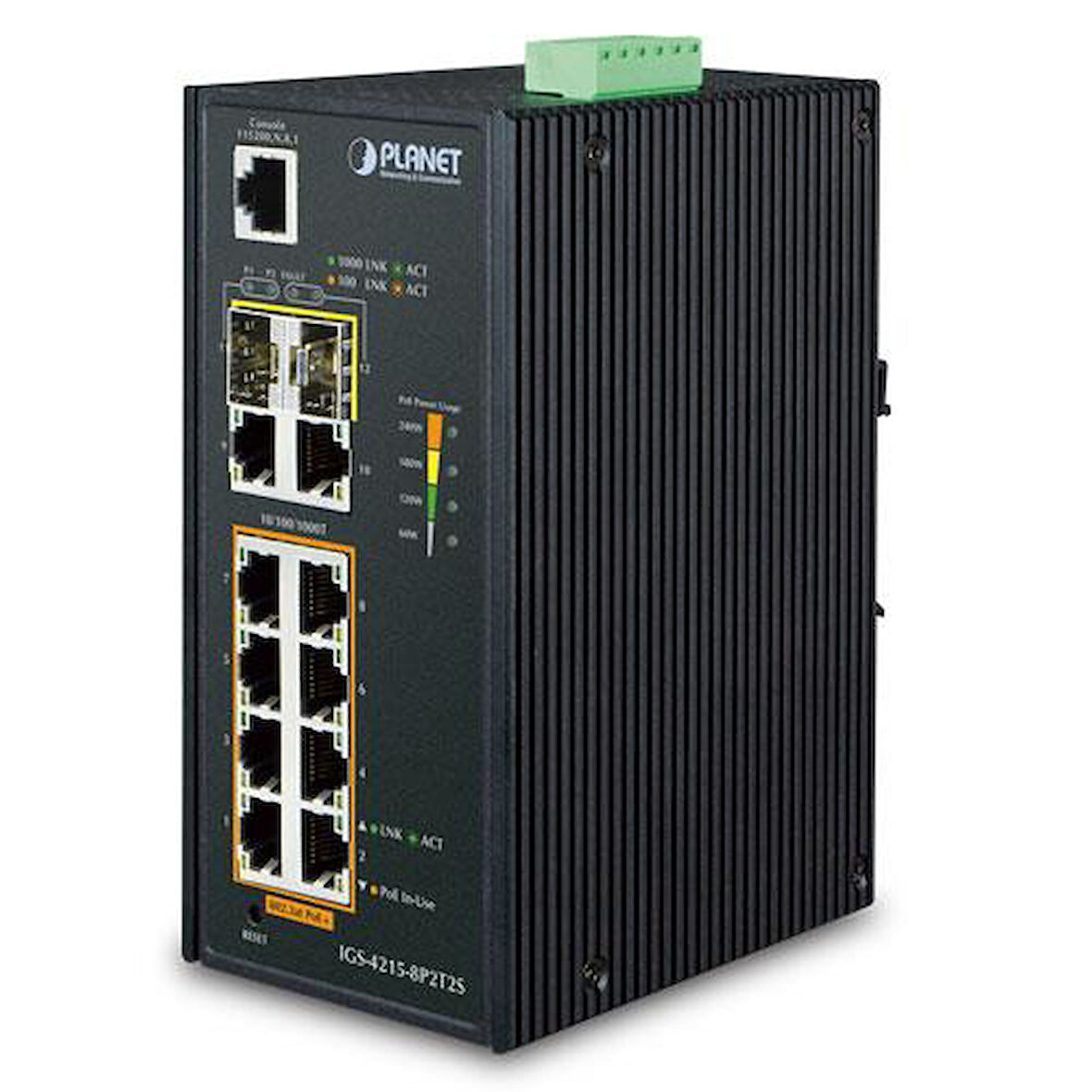 Endüstriyel Tip Yönetilebilir Ethernet Switch (Industrial Managed Ethernet Switch)
8-Port 10/100/1000Base-TX 802.3at/af PoE+ Injector (Port başına 30.8 watt) (PoE Güç Bütçesi maks. 240 watt) (Port-1 ve Port-8 arası)
2-Port 10/100/1000T