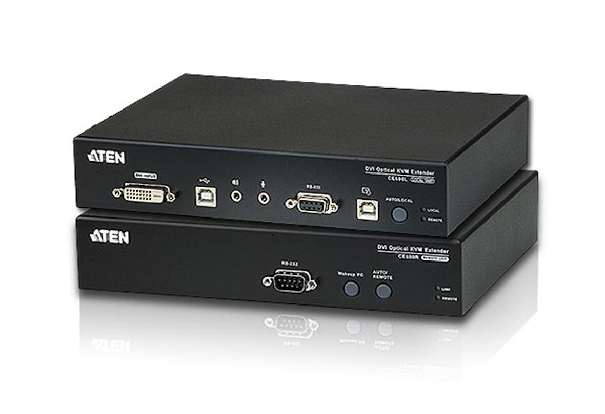 DVI Fiber Optik KVM (Keyboard/Video Monitor/Mouse) Mesafe Uzatma Cihazı, Ses (hoparlör ve mikrofon) bağlantı desteği, 600 metre, USB Konsol
USB DVI Optical KVM Extender (1920 x 1200@600m)