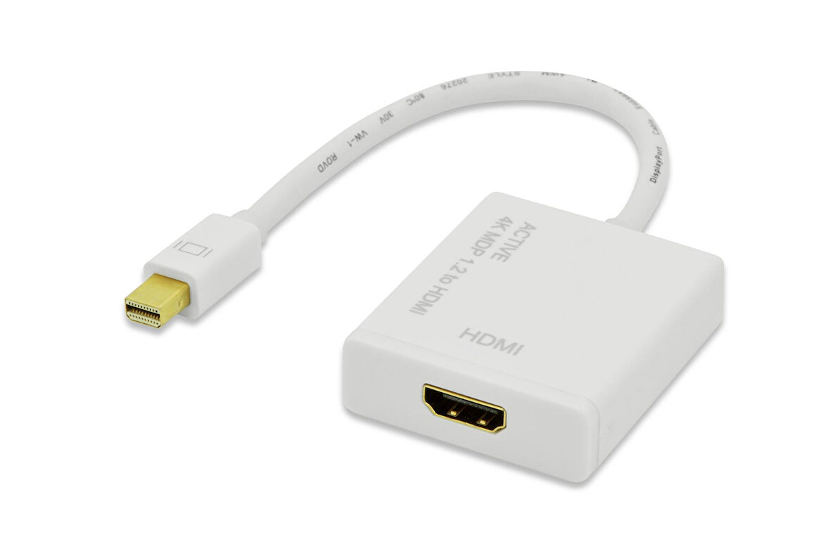 ednet Mini DisplayPort (mini DP)  HDMI Adaptörü, Kablolu, Mini DP Erkek - HDMI A Dişi, 2160p, 2x zırhlı, AWG32, 0.20 metre, 4K/2K, aktif çevirici, UL, CE, beyaz renk, nikel kaplama