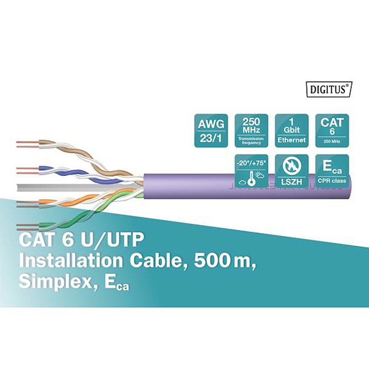 DIGITUS CAT6 Utp 23AWG Mor 500m Makara Saf Bakır Kablo 0.50mm DK-1613-VH-5