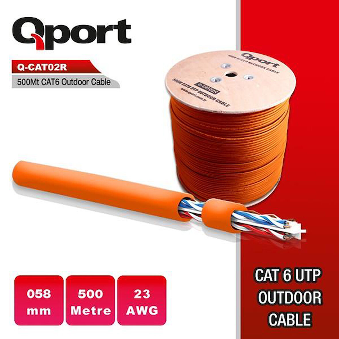 QPORT CAT6 Utp 23AWG Turuncu 500m Outdoor Makaralı Kablo Q-CATO2R