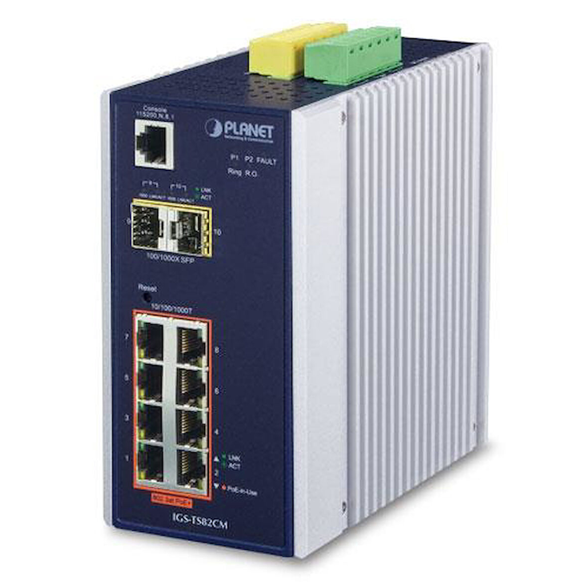 L2+ Endüstriyel Yönetilebilir Switch (L2+ Industrial Managed Ethernet Switch)
8-Port 10/100/1000T 802.3at/af PoE+ Injector (Port başına 30.8 watt) (PoE Güç Bütçesi maks. 240 watt)
2-port 1G/2.5G SFP (2-Port 100/1000X SFP (Port-9 ve Por