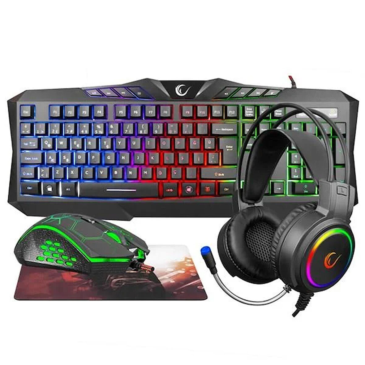 RAMPAGE KM-404 ARGENTI Rainbow Aydınlatmalı USB Gaming Combo Q Klavye + Kulaklık + Mouse + Mousepad