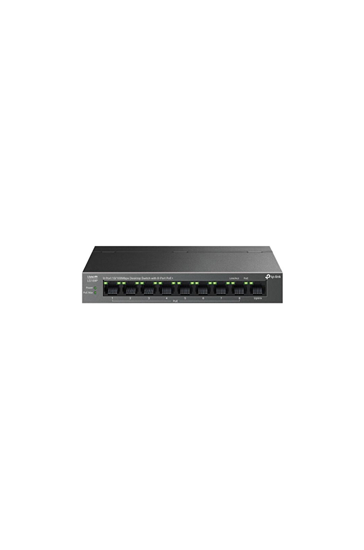 TP-LINK LS109P, Green Tech, 8 Port MegaBit, POE 63W, 1 Port Uplink, Long Range 250Mt, Yönetilemez, Metal Kasalı Switch