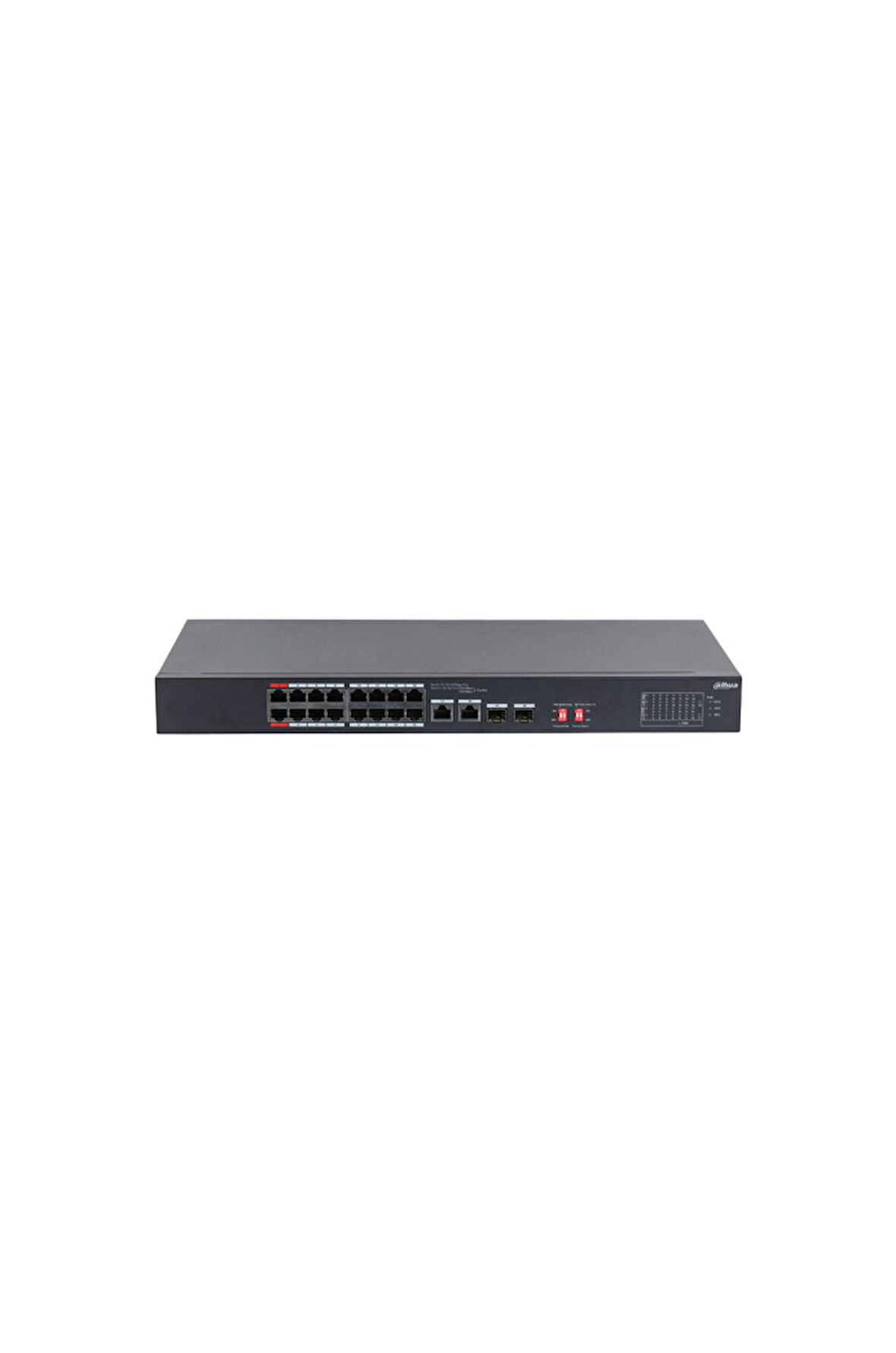 DAHUA S3218-16ET-135, 16 Port, Megabit, PoE 135W, 2 Port GigaBit Uplink, 2 Port GigaBit SFP, Longe Range 250Mt, Yönetilemez, Rack Mount Switch