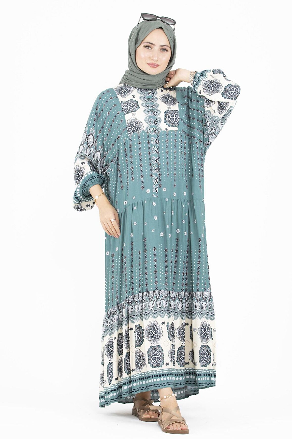 Karışık Desenli Viscon Elbise-Mint yeşili