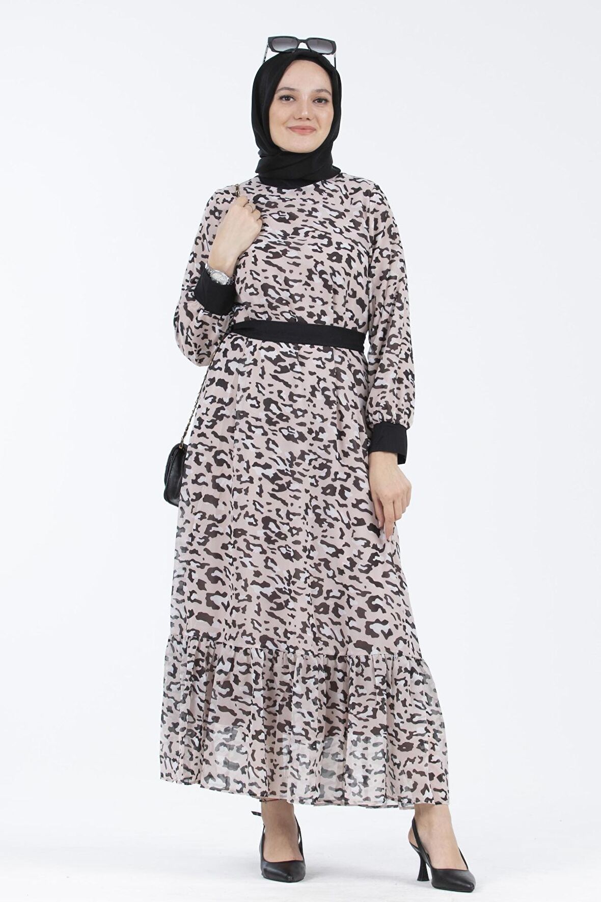 Leopar Desenli Şifon Elbise-Pudra