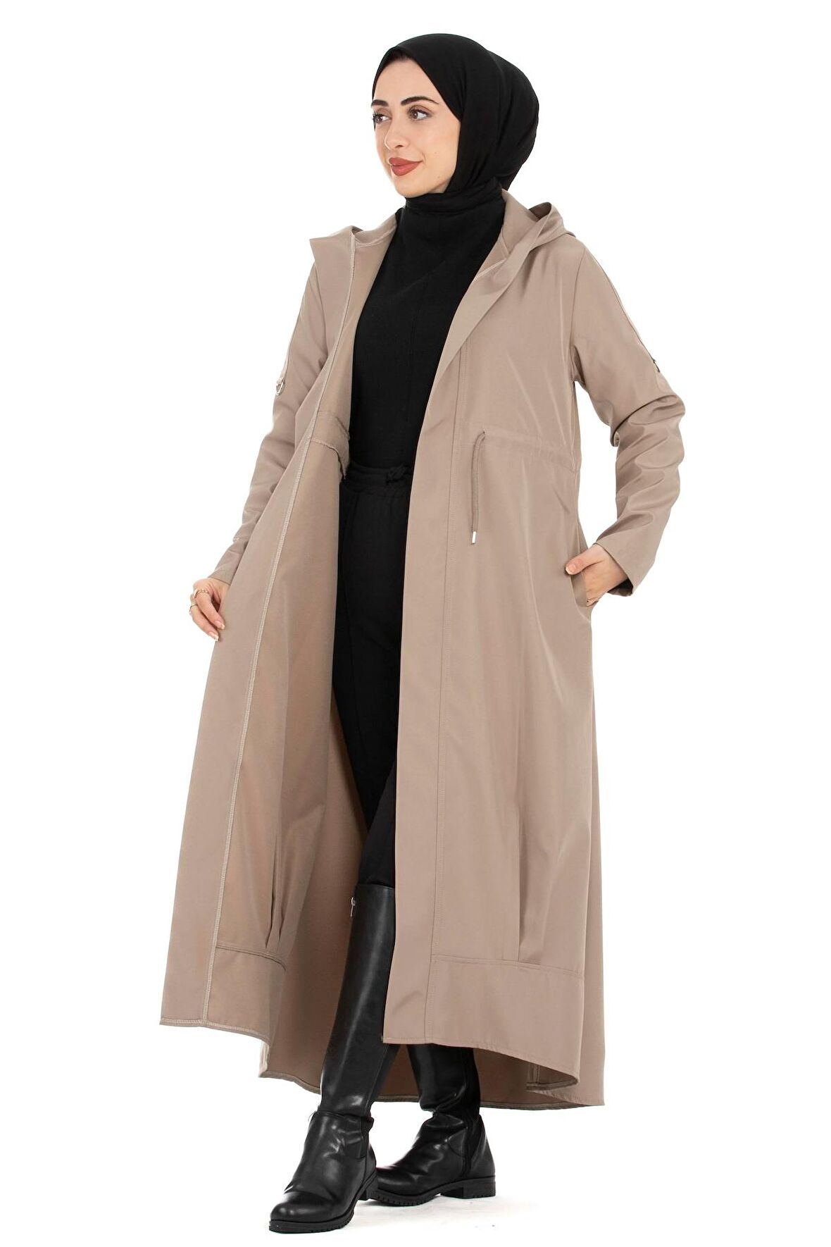 Kapşonlu Eteği Volanlı Beli Tünelli Kapüşonlu Uzun Trençkot -Vizon