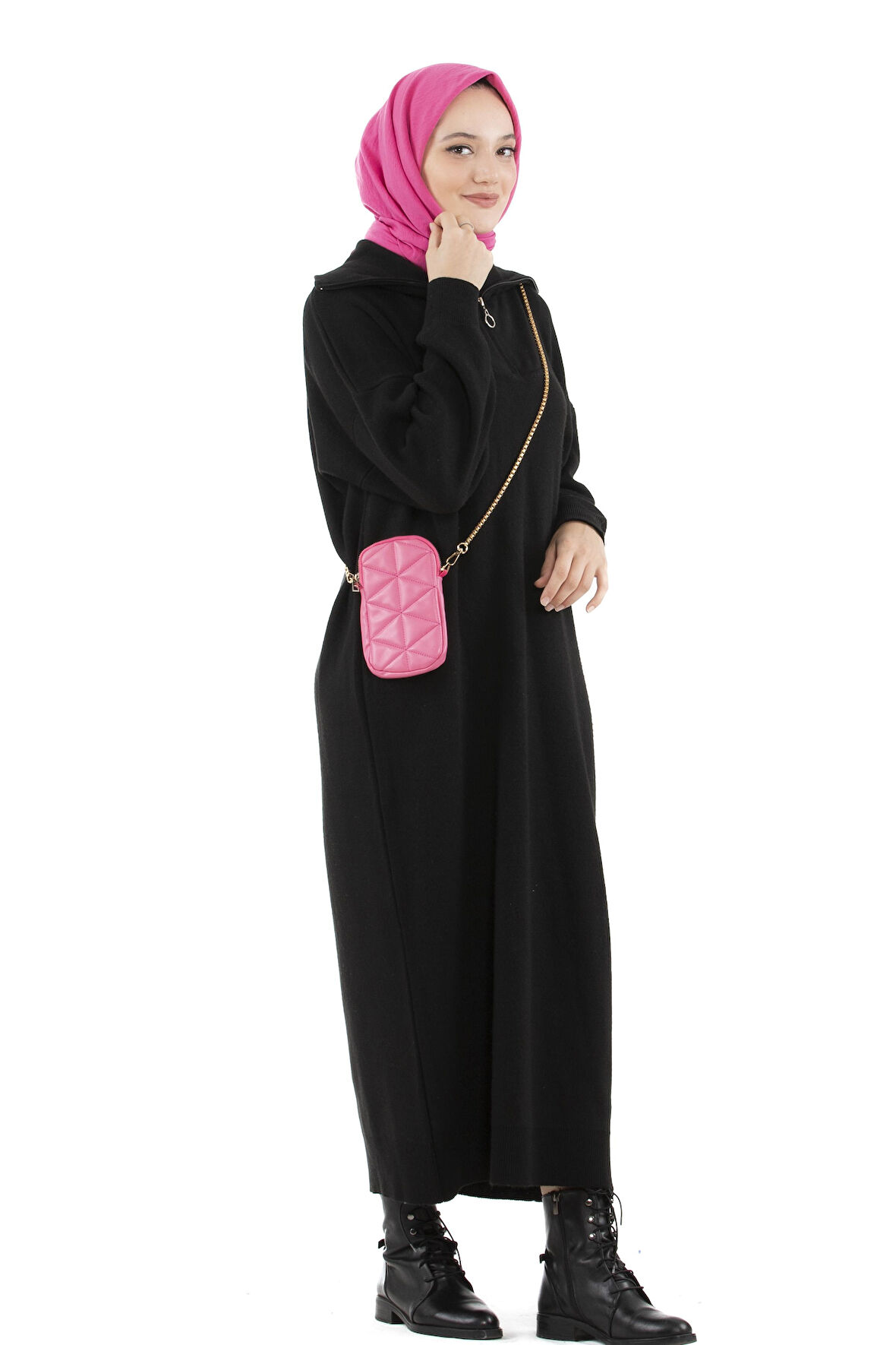 Fermuarlı Kamyoncu Yaka Triko Elbise-siyah