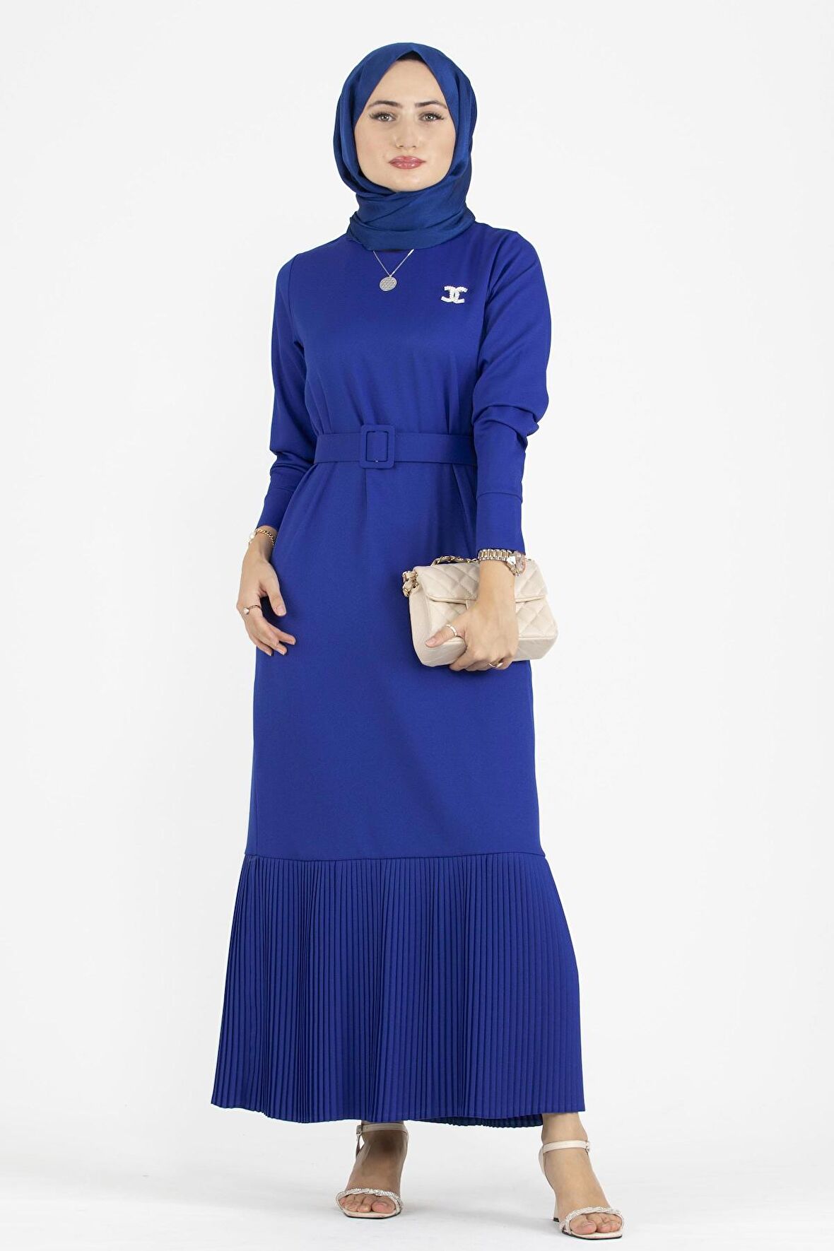 Pilise Detaylı Kemerli Elbise-Saks Mavi