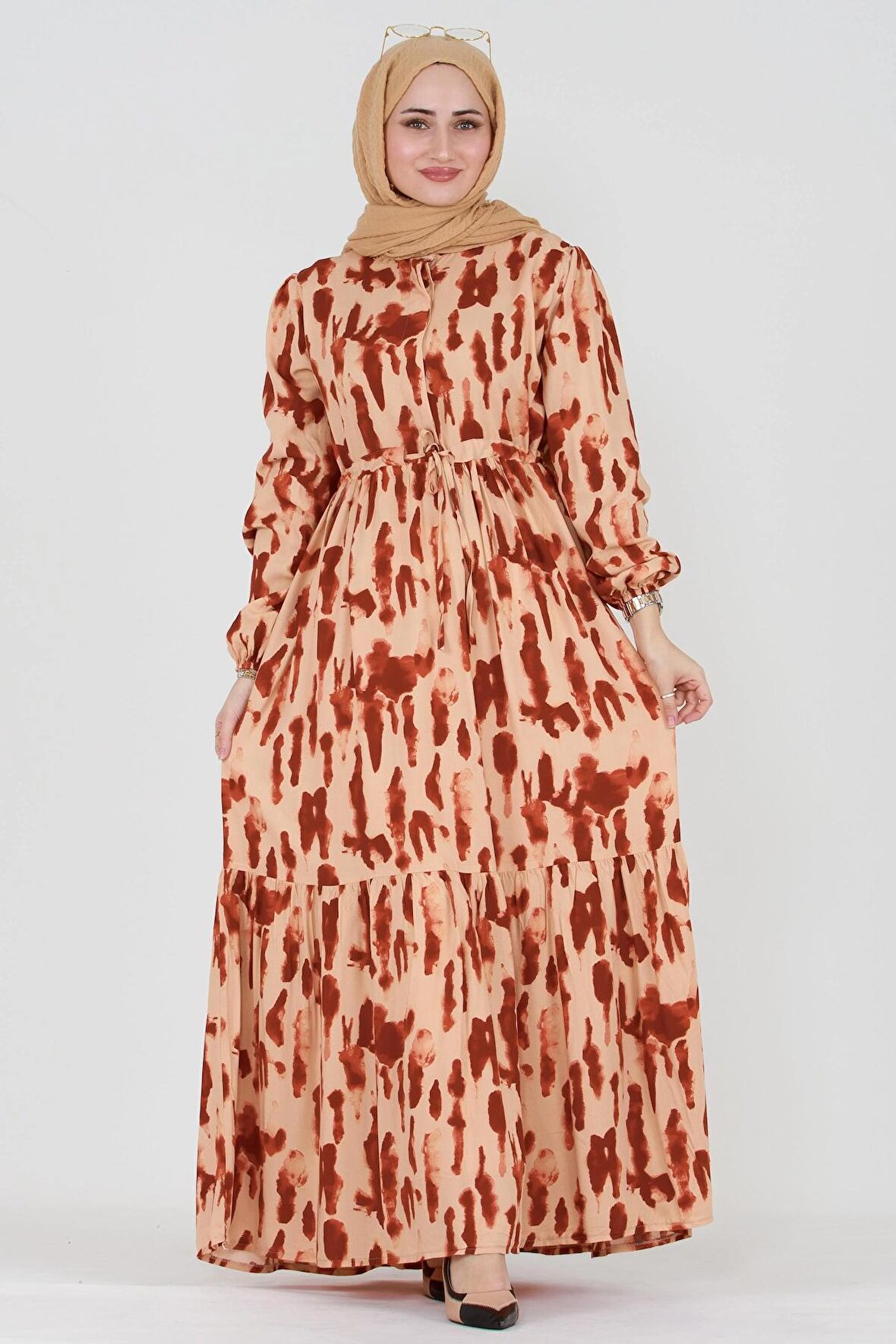 Batik Desen Gizli Düğmeli Viskon Elbise-Bordo