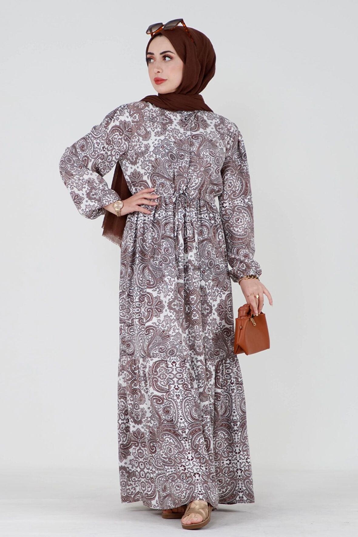 Mozaik Desen Beli Tünelli Viscon Elbise-Kahverengi