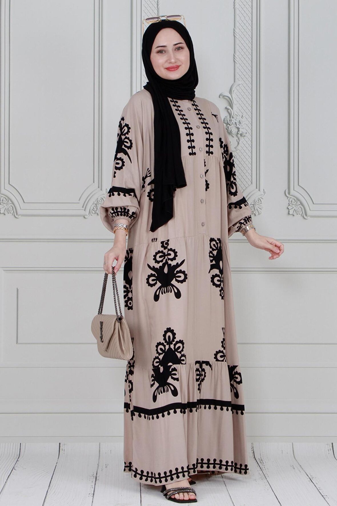 Hakim Yaka Yarasa Kol Robalı Elbise-Bej