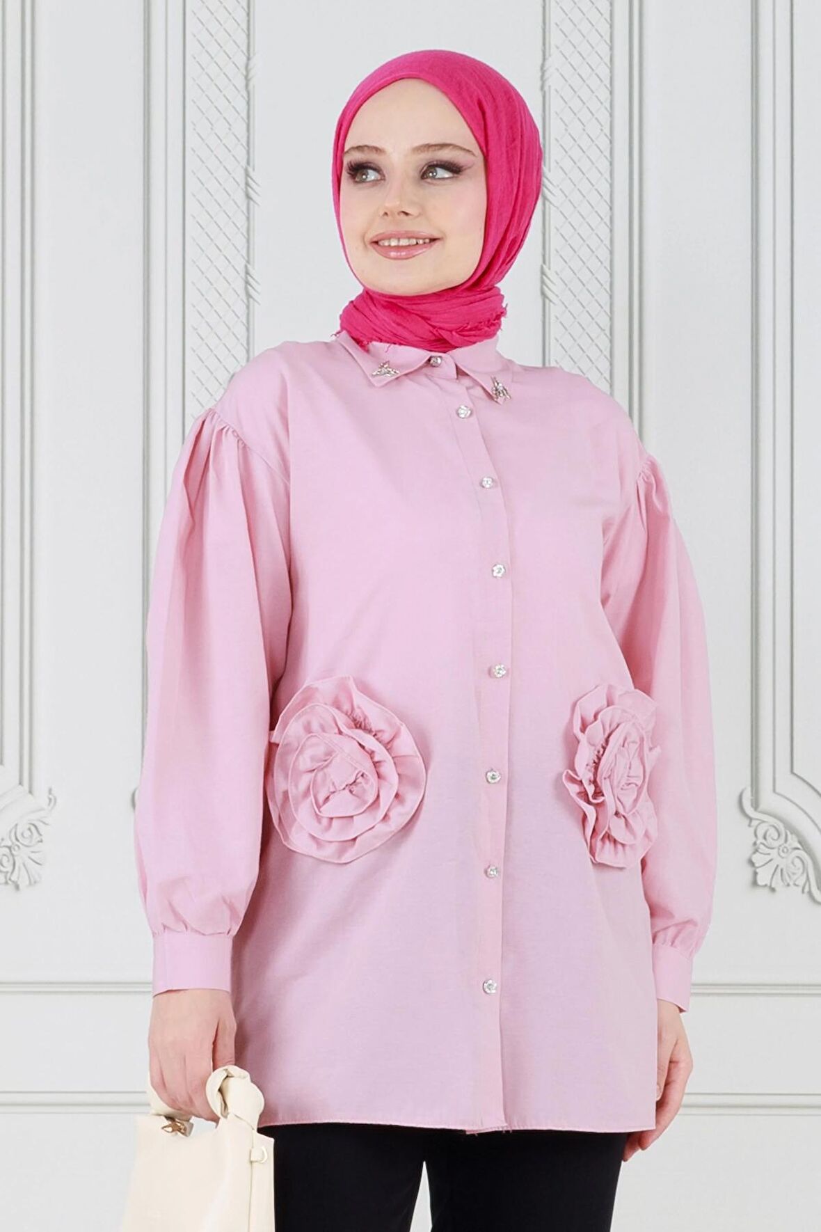 Önü Gül Detaylı Tunik-Pembe