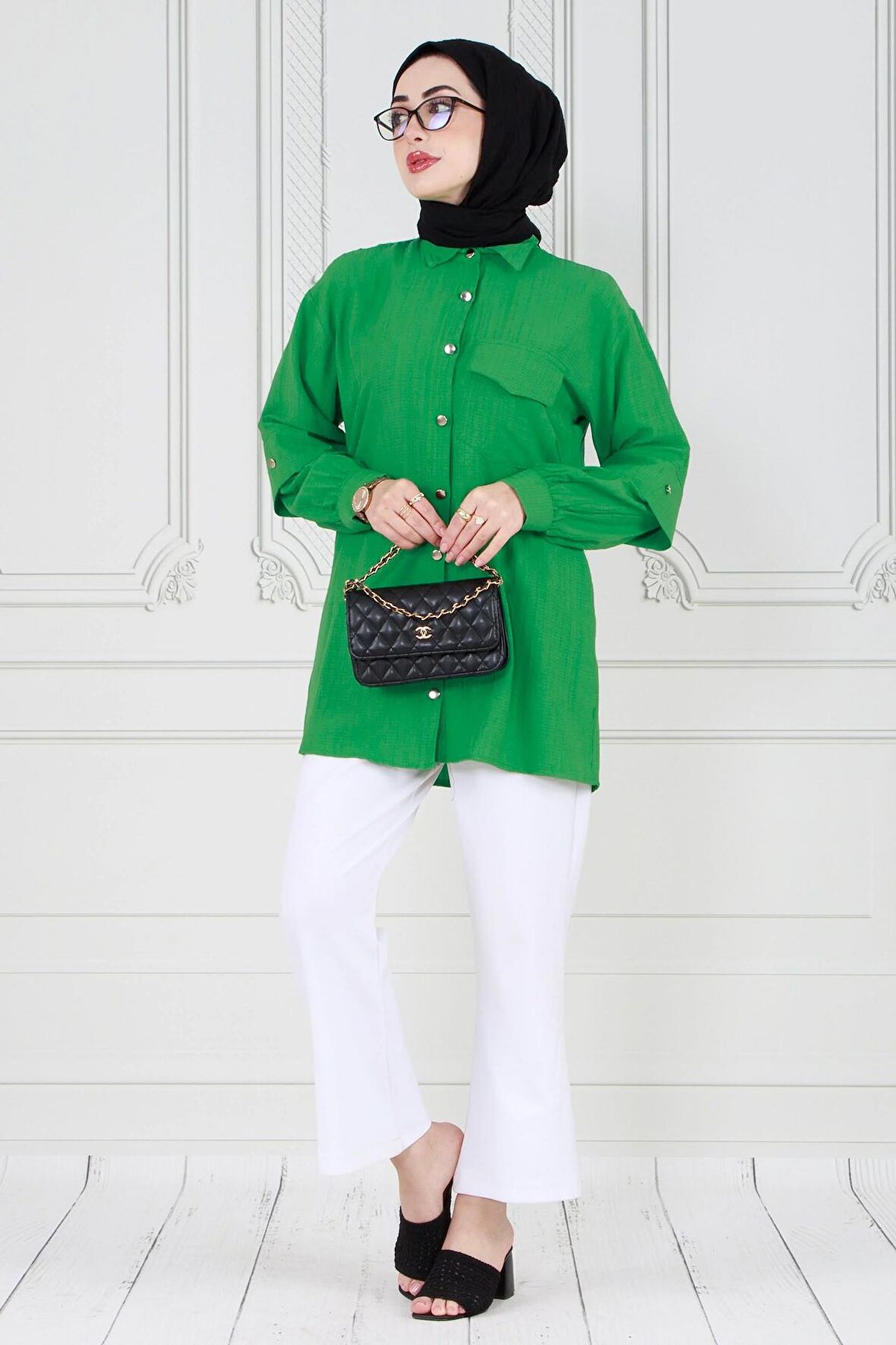 Kolu Kat Detaylı Tunik-Yeşil