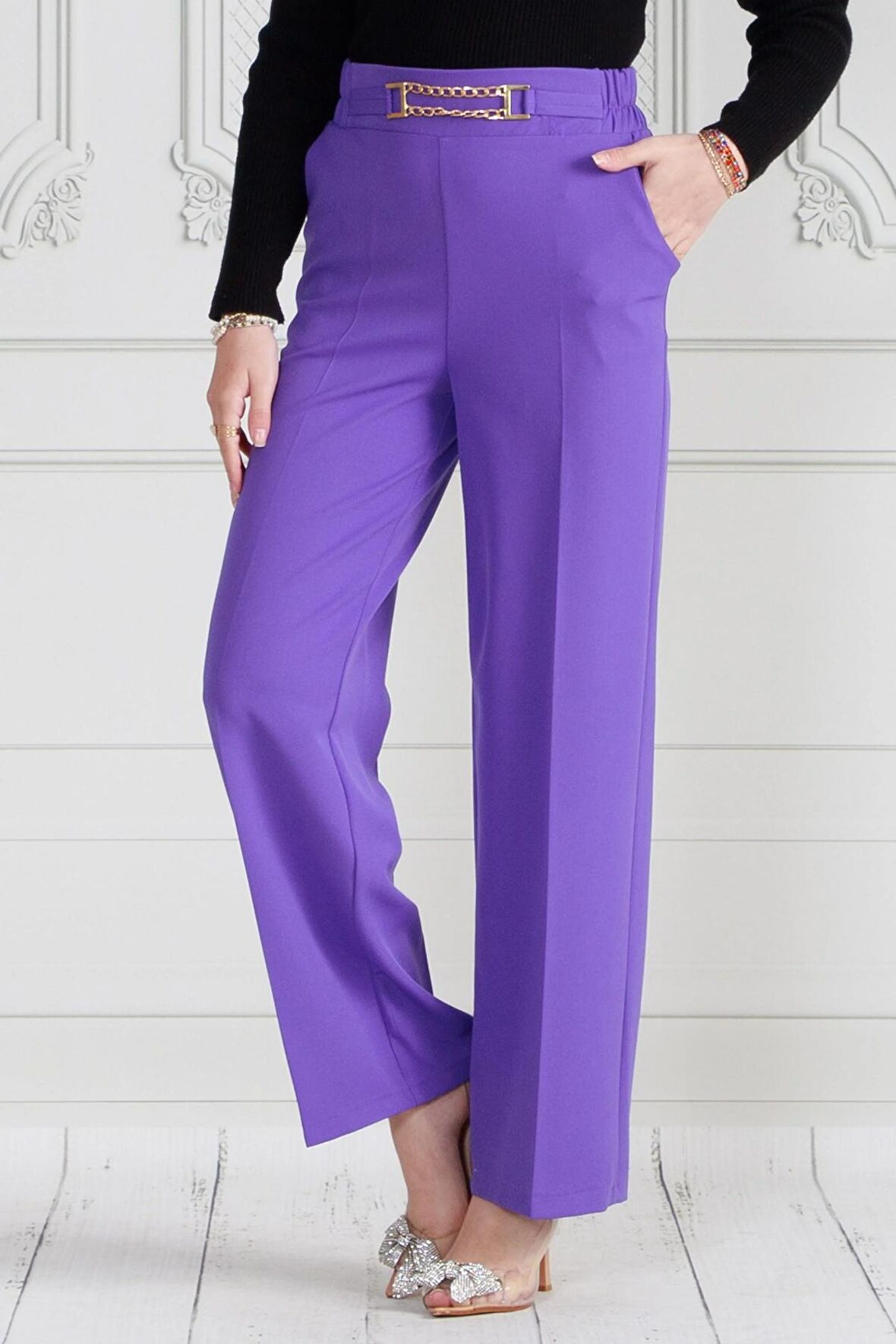 Beli Zincir Detaylı Bol Paça Pantolon-Mor