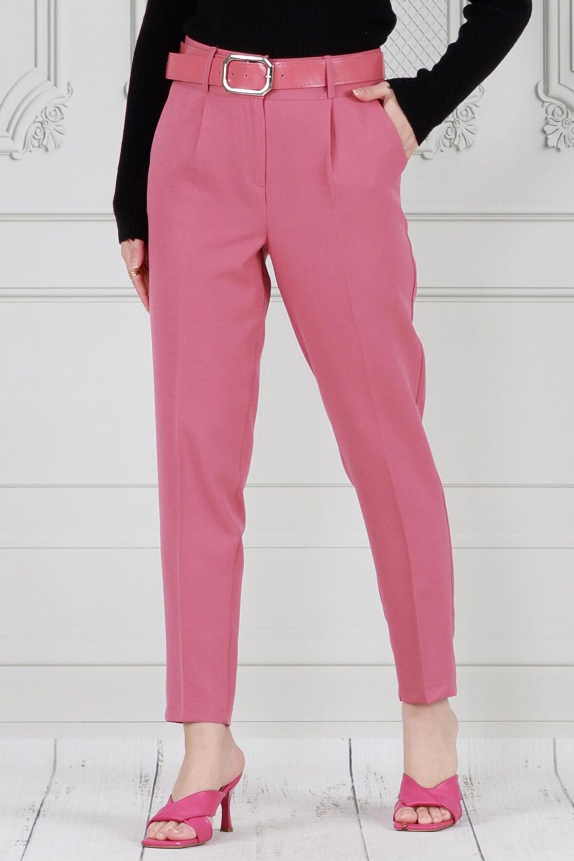 Beli Kemerli Kalem Pantolon-Pembe