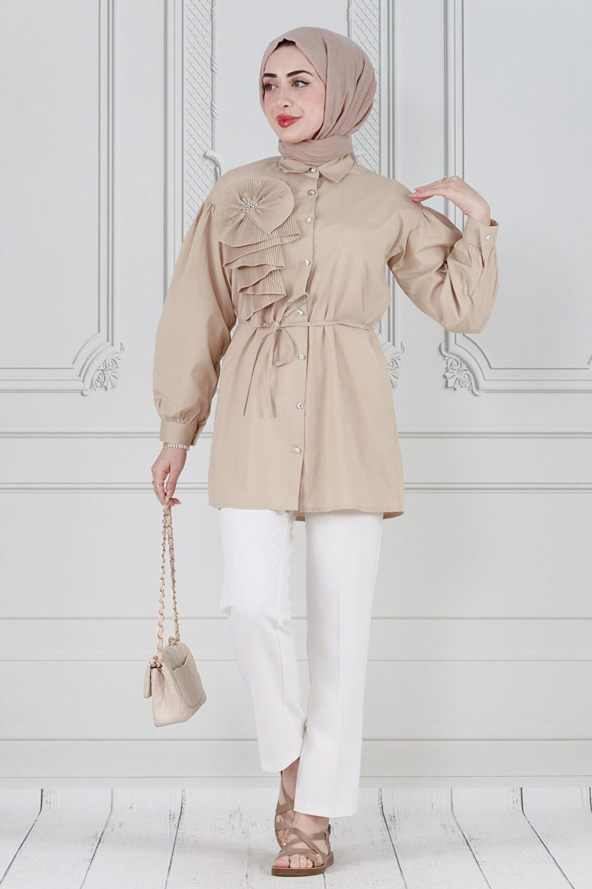 İnci Çakım Fırfırlı Tunik-Bej