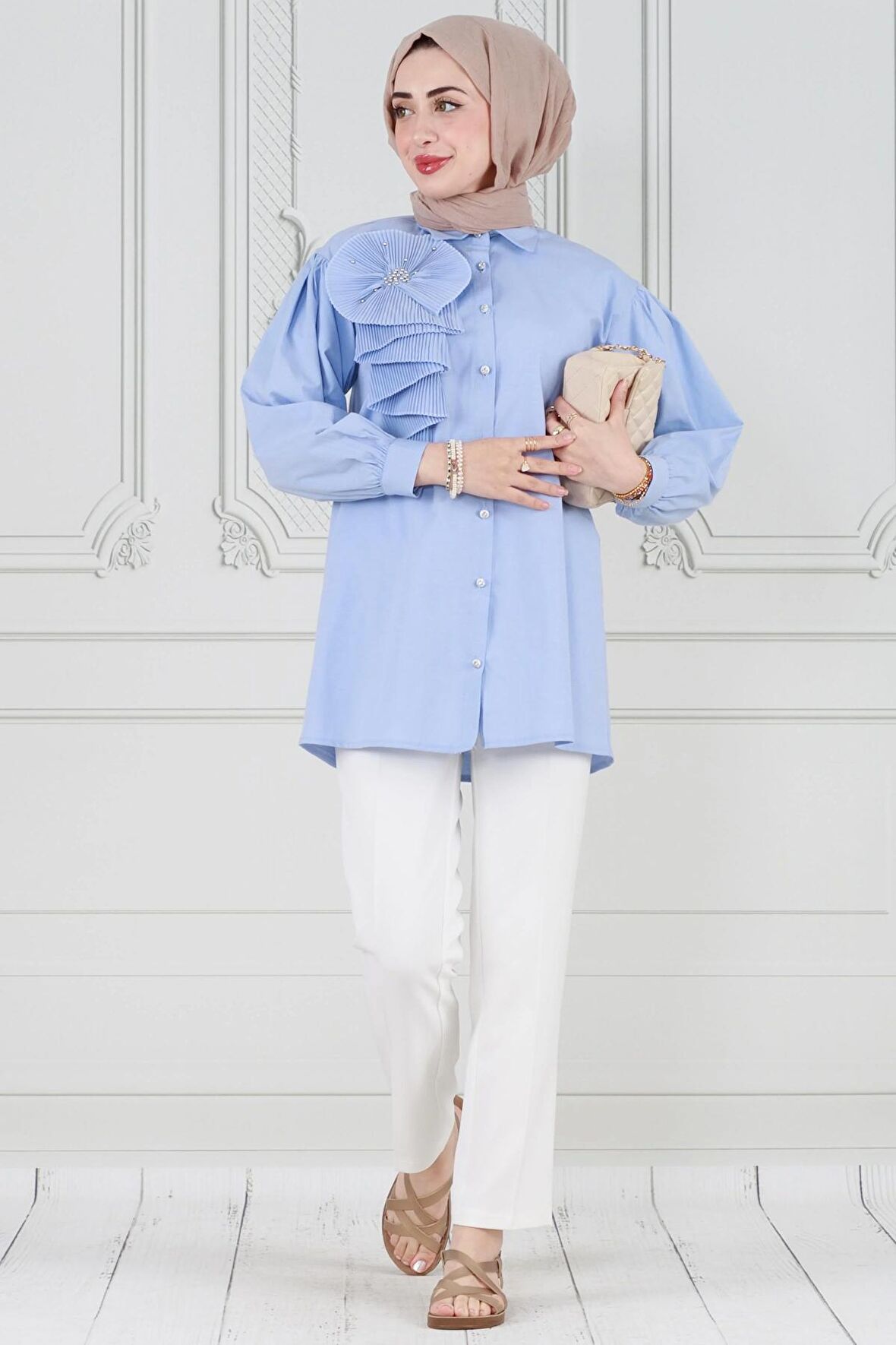 İnci Çakım Fırfırlı Tunik-Bebe mavi