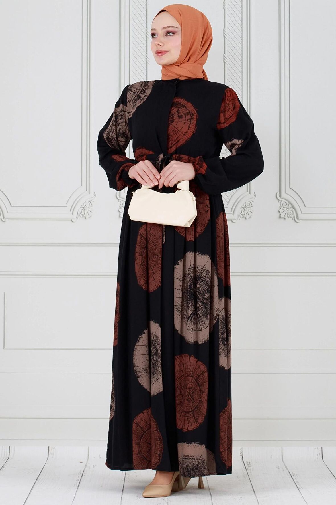 Gizli Düğmeli Dijital Baskı Viscon Elbise-VİZON