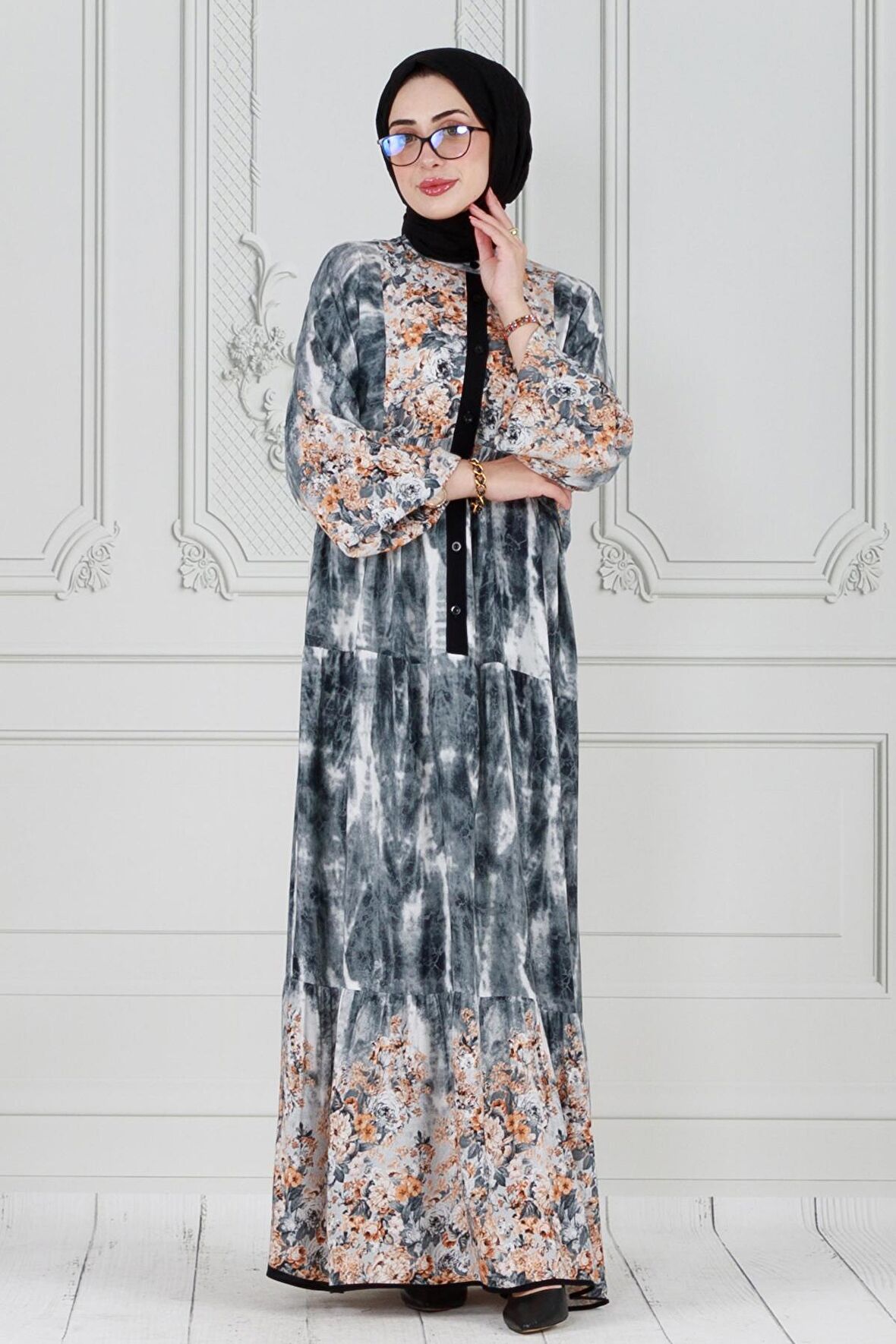 Robalı Manolya Viskon Elbise-Siyah