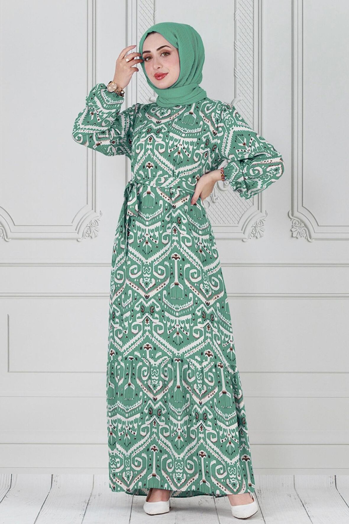 Motif Desen Beli Kuşaklı Viskon Elbise-Mint Yeşili