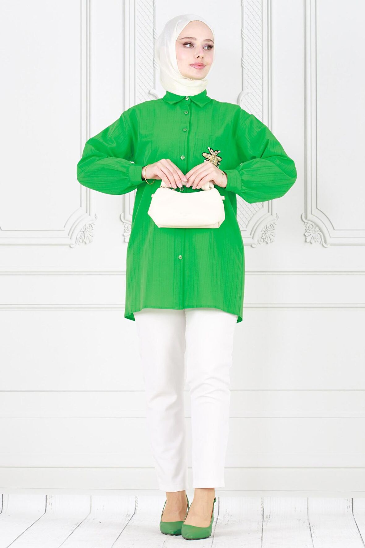 Cebi Arı Detaylı Keten Tunik-Yeşil