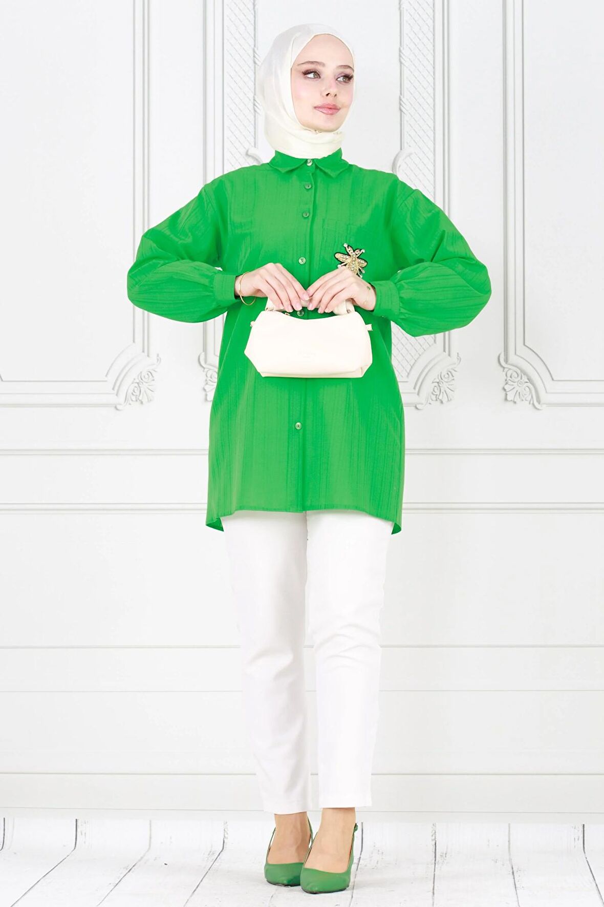 Cebi Arı Detaylı Keten Tunik-Yeşil