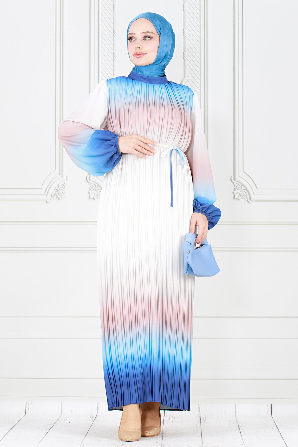 Piliseli Ebruli Tesettür Elbise-İndigo