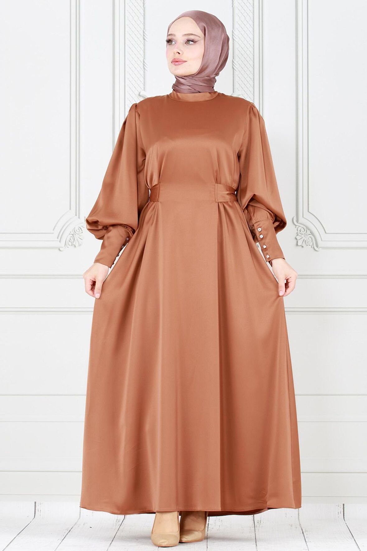 Arkadan Bağlamalı Kolu Düğmeli Saten Abiye-VİZON