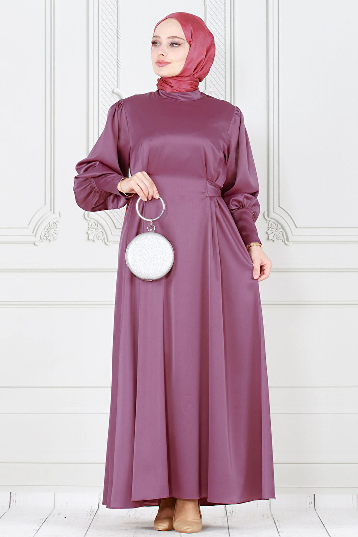 Arkadan Bağlamalı Kolu Düğmeli Saten Abiye-gülkurusu