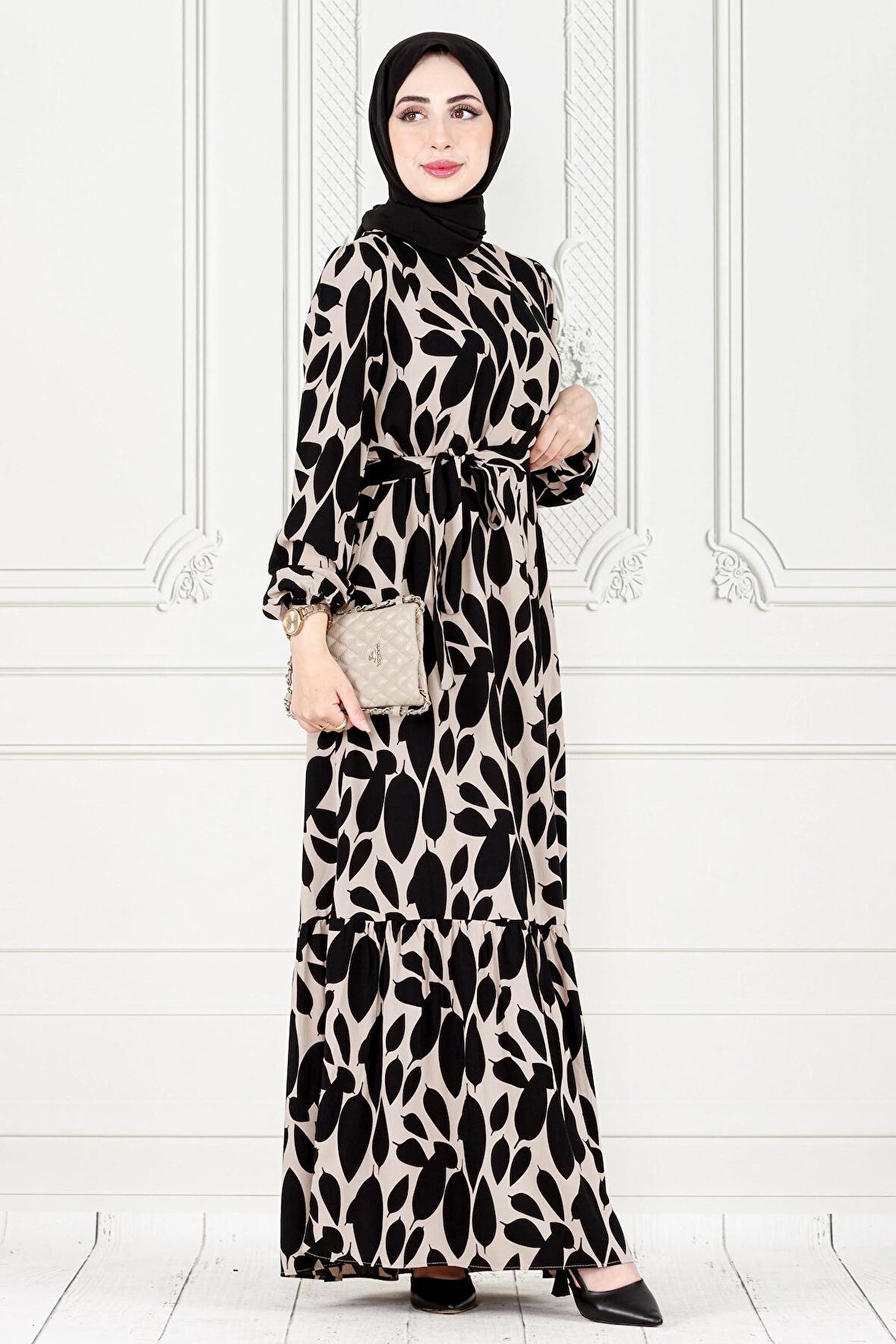 Eteği Fırfır Yaprak Desenli Viscon Elbise-VİZON