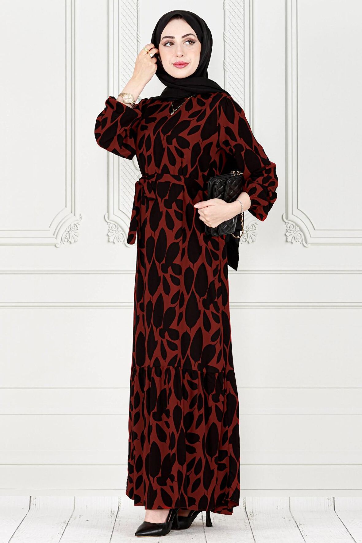 Eteği Fırfır Yaprak Desenli Viscon Elbise-Bordo