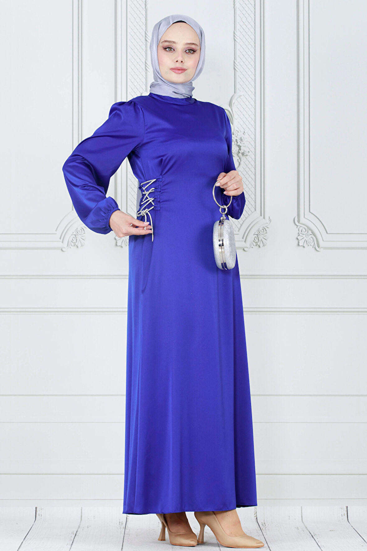 Bağcığı Taş Detaylı Saten Abiye-Saks Mavi