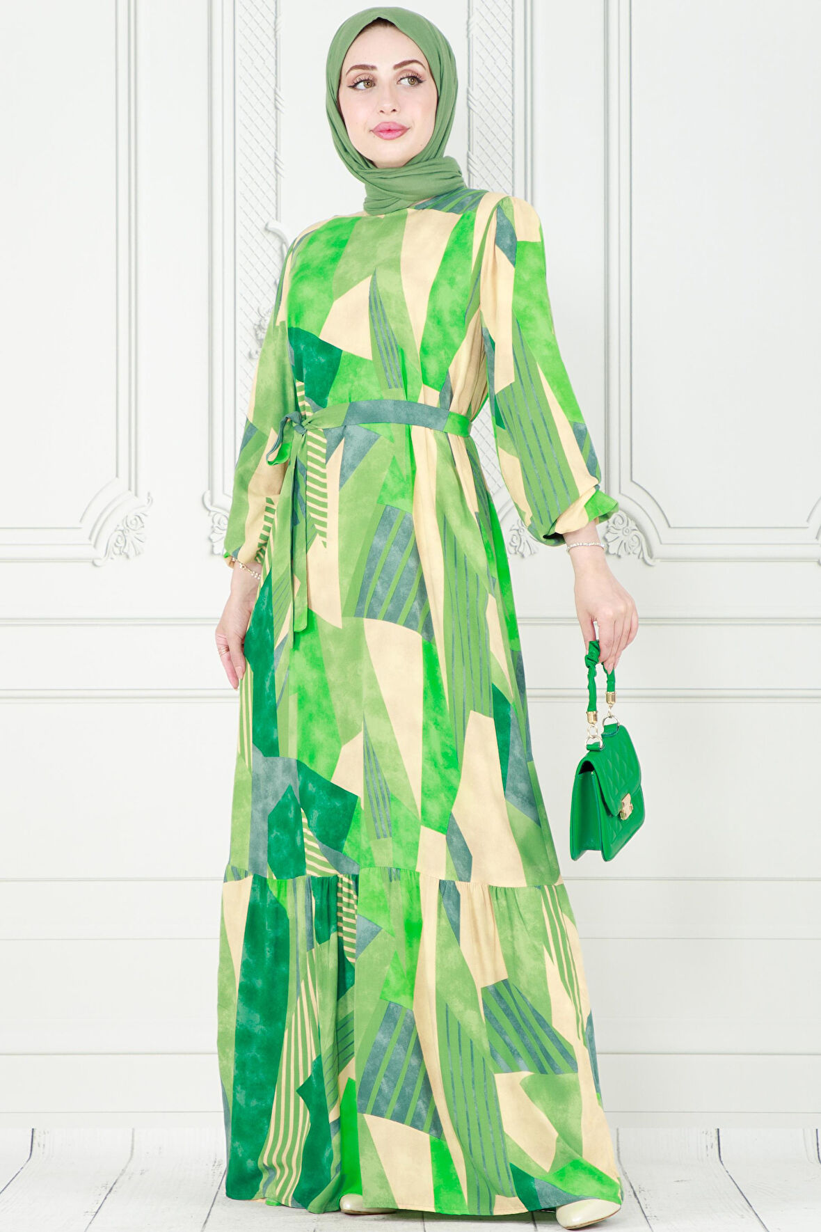 Karışık Desen Kuşaklı viscon Elbise-Yeşil