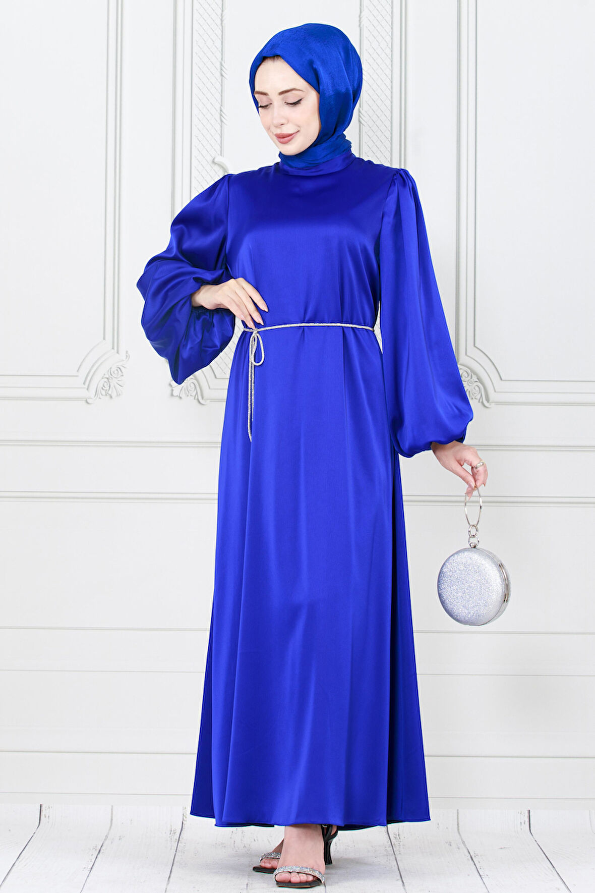 Balon Kol Bel İpi Taş Detaylı Ece Abiye-Saks Mavisi